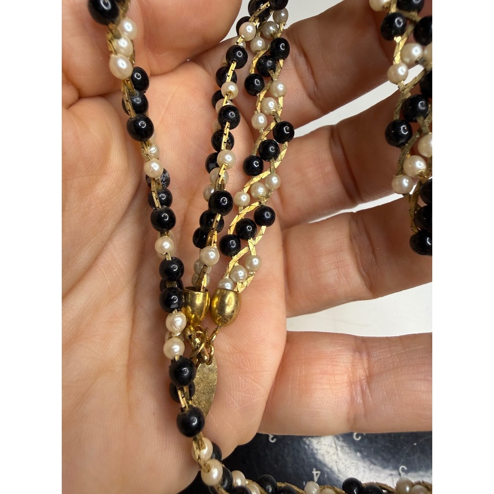 Sarah Coventry Vintage Faux Pearl Black White Gold Tone Multi Strand Necklace